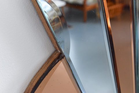 Vintage Art Deco Style Frameless Fan Overmantle Mirror with Peach Glass