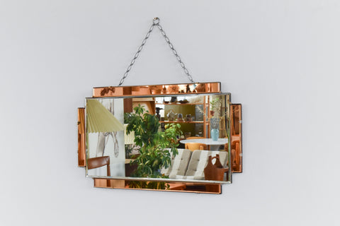 Vintage Art Deco Style Bevelled Mirror with Peach / Rose Gold Panels