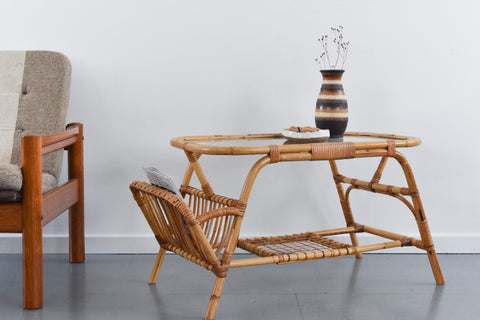 Vintage Bamboo and Glass Coffee Table with Magazine Rack
