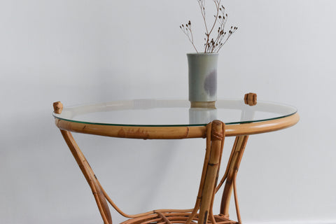 Vintage Bamboo and Glass Round Coffee Table with Shelf