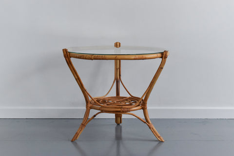 Vintage Bamboo and Glass Round Coffee Table with Shelf