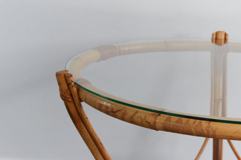 Vintage Bamboo and Glass Round Coffee Table with Shelf