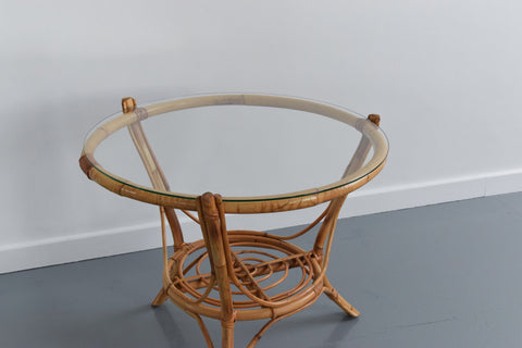 Vintage Bamboo and Glass Round Coffee Table with Shelf