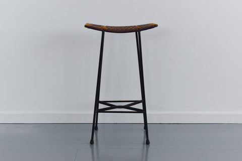 Vintage Black Metal Tubular Single Tall Bar Stool with Woven Top