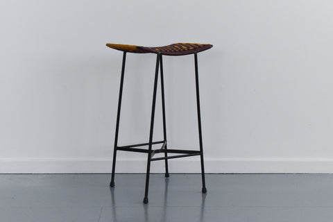 Vintage Black Metal Tubular Single Tall Bar Stool with Woven Top