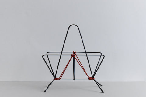 Vintage Black and Red Metal and Plastic Magazine Rack