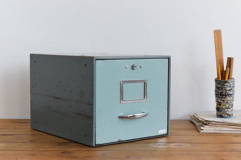 Vintage Blue / Grey Large Metal Single Drawer Filing Cabinet