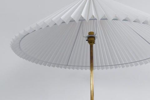 Vintage Teak and Brass Floor Lamp with New Pleated White Shade