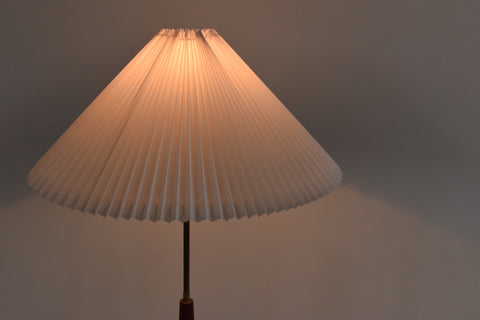 Vintage Teak and Brass Floor Lamp with New Pleated White Shade