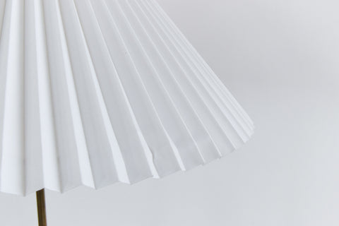 Vintage Teak and Brass Floor Lamp with New Pleated White Shade