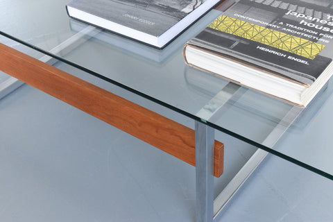 Vintage Chrome and Teak Framed Coffee Table with Glass Top