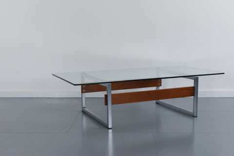 Vintage Chrome and Teak Framed Coffee Table with Glass Top