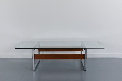 Vintage Chrome and Teak Framed Coffee Table with Glass Top