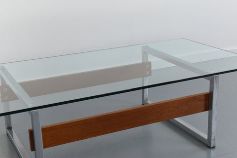 Vintage Chrome and Teak Framed Coffee Table with Glass Top