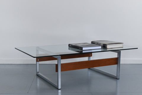 Vintage Chrome and Teak Framed Coffee Table with Glass Top