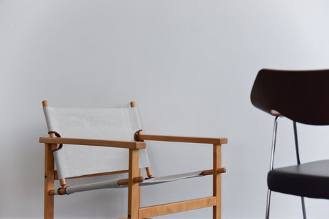 Vintage Danish Hyllinge Mobler Beech and Canvas Sling Lounge Chair