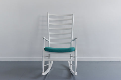 Vintage Danish Style White Wooden Ladder Back Rocking Chair