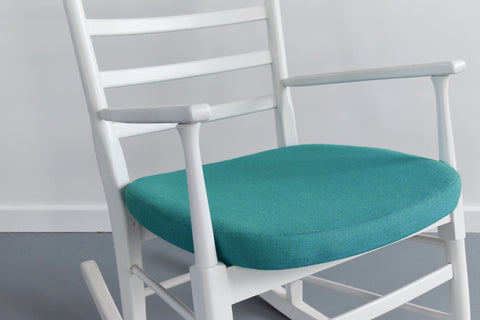 Vintage Danish Style White Wooden Ladder Back Rocking Chair