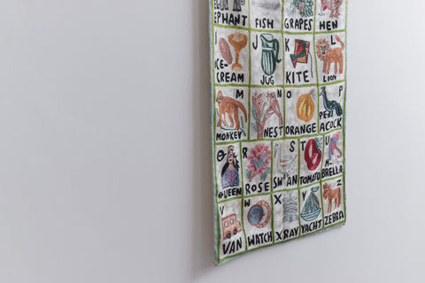 Vintage Folk Art Embroidered Alphabet Wall Hanging / Tapestry