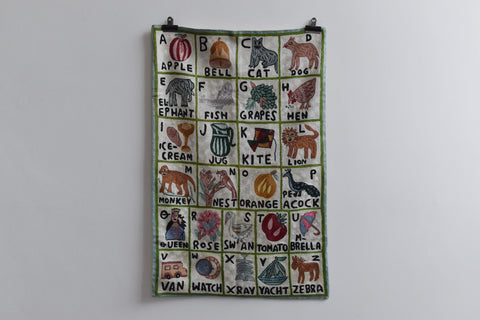 Vintage Folk Art Embroidered Alphabet Wall Hanging / Tapestry