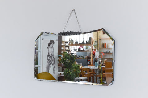 Vintage Frameless Bevelled Mirror with Floral Rose Finial