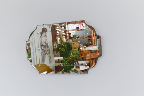 Vintage Frameless Mirror with Geometric Design Cut Glass