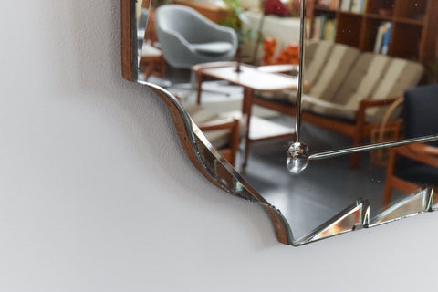 Vintage Frameless Mirror with Geometric Design Cut Glass