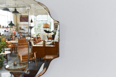 Vintage Frameless Mirror with Geometric Design Cut Glass