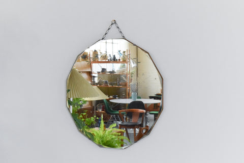 Vintage Frameless Round Cut Glass Bevelled Wall Mirror