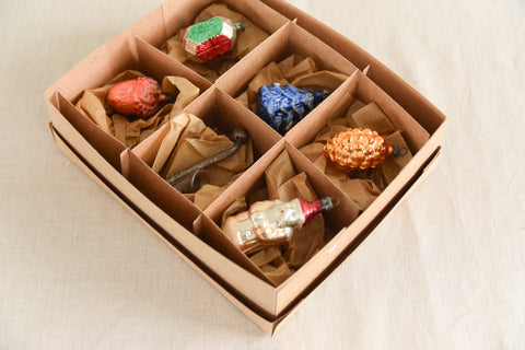 Vintage Glass Christmas Tree Baubles / Ornaments Set of 6 Novelty Boxed Assorted