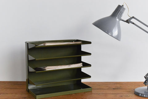 Vintage Green Metal Desk Tidy / Letter / Paper Rack by Veteran Series