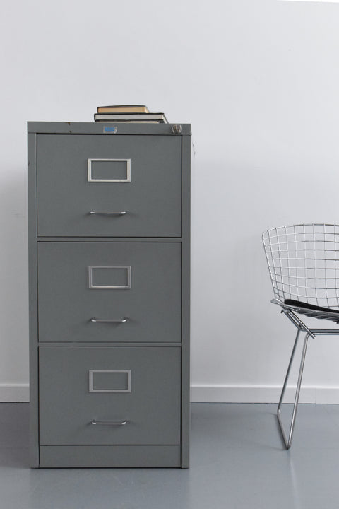 Vintage Grey Metal 3 Drawer Filing Cabinet by Thurnams