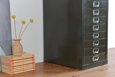 Vintage Industrial Green 10 Drawer Metal Filing Cabinet by Stor