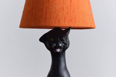 Vintage Kitsch 1950s Black Ceramic Cat Lamp with Orange Shade