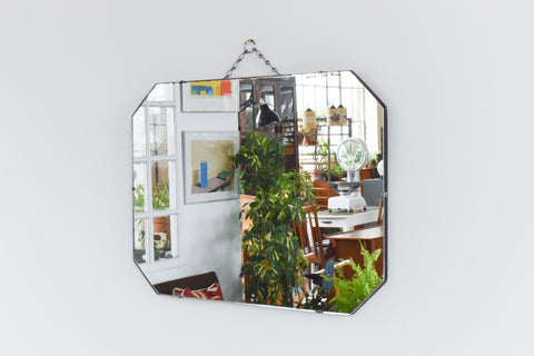 Vintage Large Frameless Ex Military Octagonal Bevelled Wall Mirror