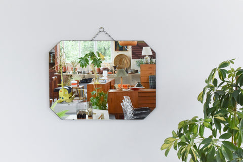 Vintage Large Frameless Ex Military Octagonal Bevelled Wall Mirror