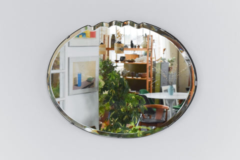 Vintage Large Oval Bevelled Mirror with Scalloped Top