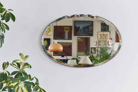 Vintage Large Oval Bevelled Mirror with Scalloped Top