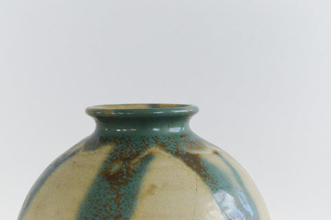 Vintage Large Studio Pottery Green and Beige Vase