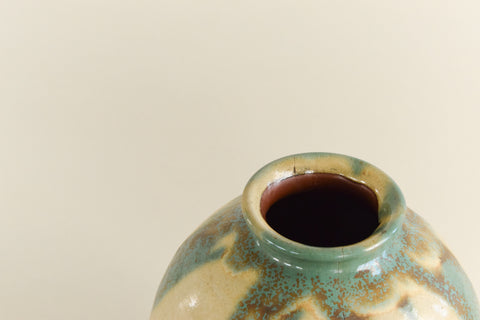Vintage Large Studio Pottery Green and Beige Vase