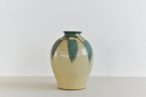 Vintage Large Studio Pottery Green and Beige Vase