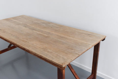 Vintage Large Rustic Wooden Folding Trestle Table with Washed Top