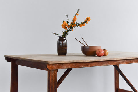 Vintage Large Rustic Wooden Folding Trestle Table with Washed Top