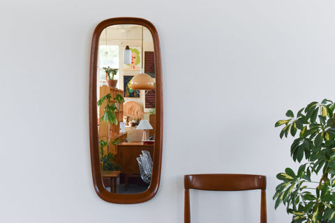 Vintage Long Danish Teak Mirror with Curved Frame
