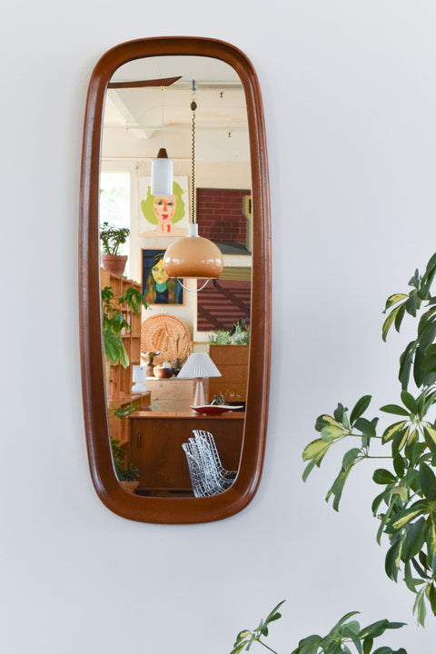 Vintage Long Danish Teak Mirror with Curved Frame