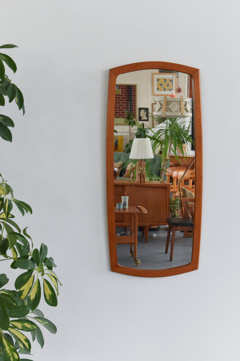 Vintage Long Teak Mirror with Curved Frame