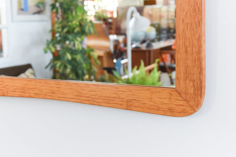 Vintage Long Teak Mirror with Curved Frame