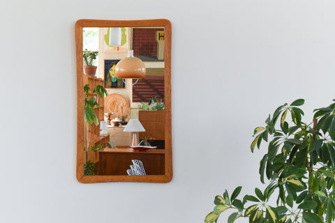 Vintage Long Teak Mirror with Curved Frame