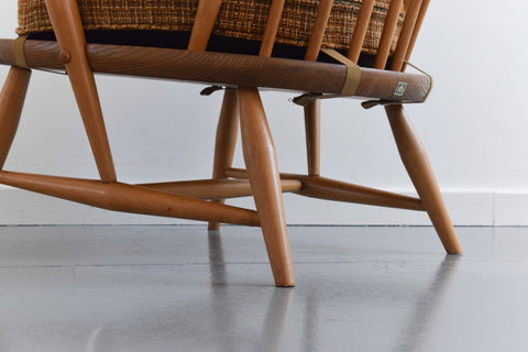 Vintage Low Ercol Windsor Back Tub Chair Model No. 305 with Original Wool Fabric