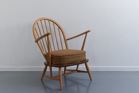 Vintage Low Ercol Windsor Back Tub Chair Model No. 305 with Original Wool Fabric